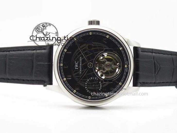 MIROTIME 0419 Portuguese Tourbillon Power Reserve Moonphase SS Black Dial On Black Leather Strap TechFriendly 7321